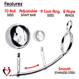 LeLuv Eyro Stainless Steel Adjustable Tailgater - Choose 32mm-64mm Cock Ring and Optional Anal Fitting - 25mm-70mm Steel Ball