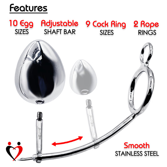 LeLuv Eyro Stainless Steel Adjustable 32mm-64mm Cock Ring Tailgater w/ Optional 25mm-70mm Anal Egg Fitting - Choose Ring and Fitting Size