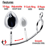 LeLuv Eyro Stainless Steel Adjustable 32mm-64mm Cock Ring Tailgater w/ Optional 25mm-70mm Anal Egg Fitting - Choose Ring and Fitting Size
