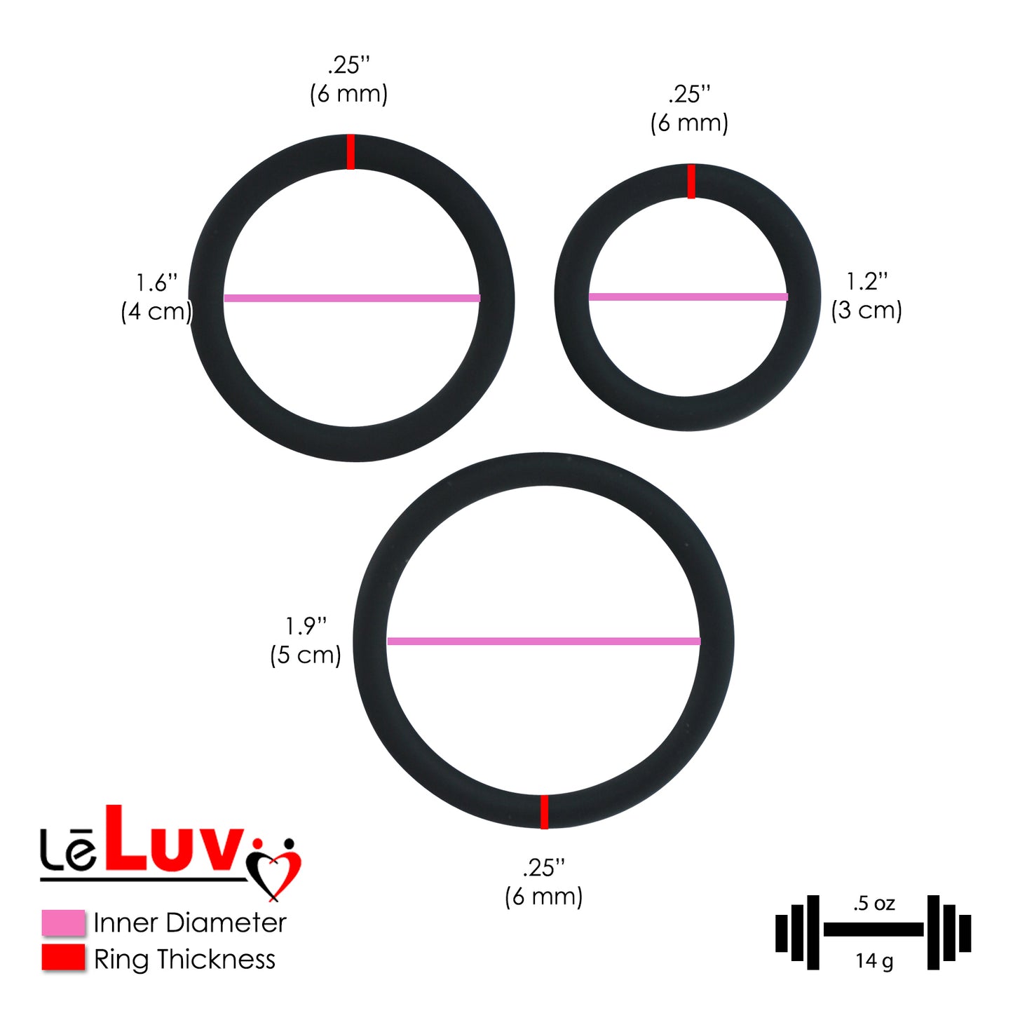 Thin Round Smooth Cock Ring 3-Pack 32mm (1.2"), 40mm (1.6") and 50mm (1.9")