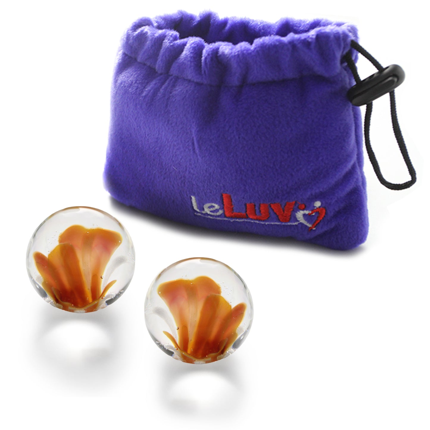 LeLuv Medium Flower Design Glass Ben Wa Kegel Balls - Orange w/ Premium Padded Pouch