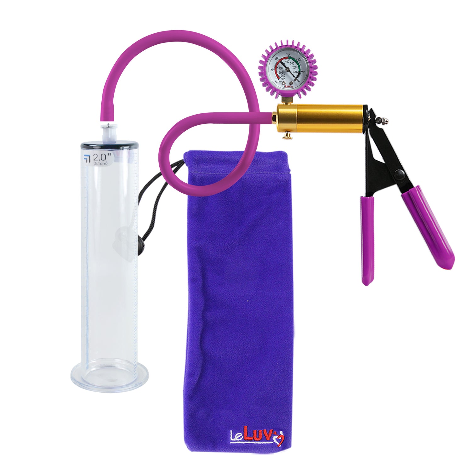 Ultima Brass Purple Penis Pump | Rubber Grip, Silicone Hose + Protected Gauge | 9" Length - 2.00" Diameter WIDE FLANGE Cylinder