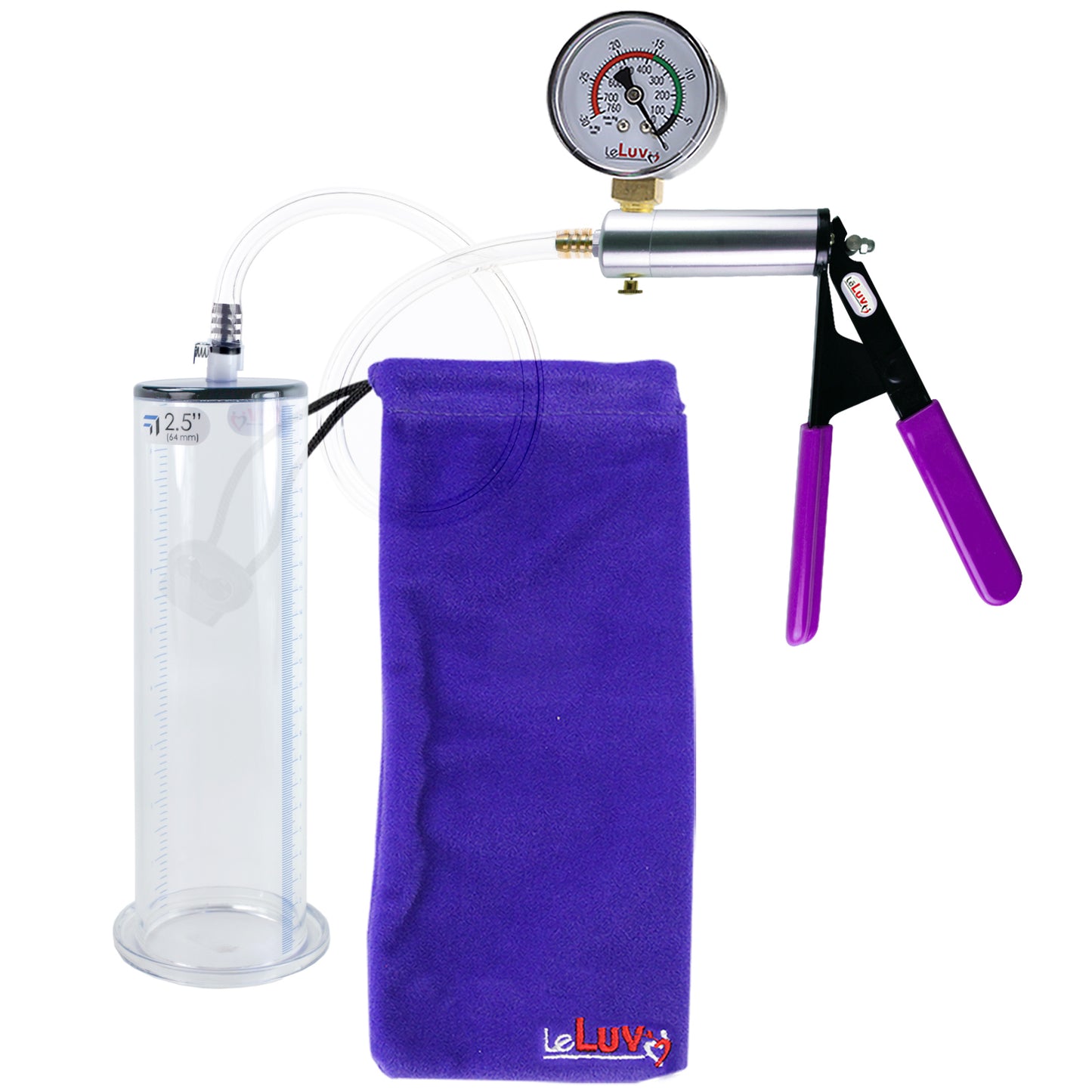 Silver Ultima Penis Pump | Purple Rubber Grip, Clear Hose + Gauge | 9" Length - 2.50" Diameter WIDE FLANGE Cylinder