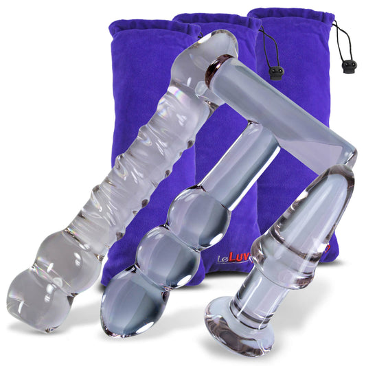 LeLuv Bundle - 3 items: Glacier Frost Glass Dildo & Butt Plug Gift Sets