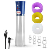 Blue EROS USB-Powered Electric Penis Pump - CLEAR Cylinder - 3 Sizes of Sleeves & 4 Constriction Rings