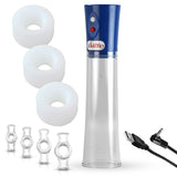 Blue EROS USB-Powered Electric Penis Pump - CLEAR Cylinder - 3 Small Sleeves & 4 Constriction Rings