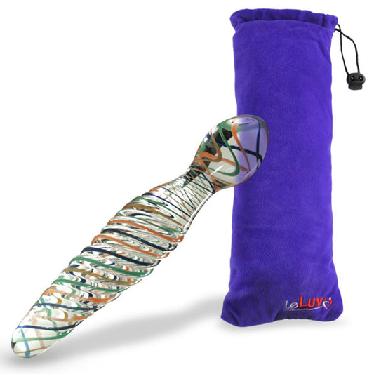 LeLuv Glass Wand Dildo Multi-color Swirled Ribs and Bulb Head