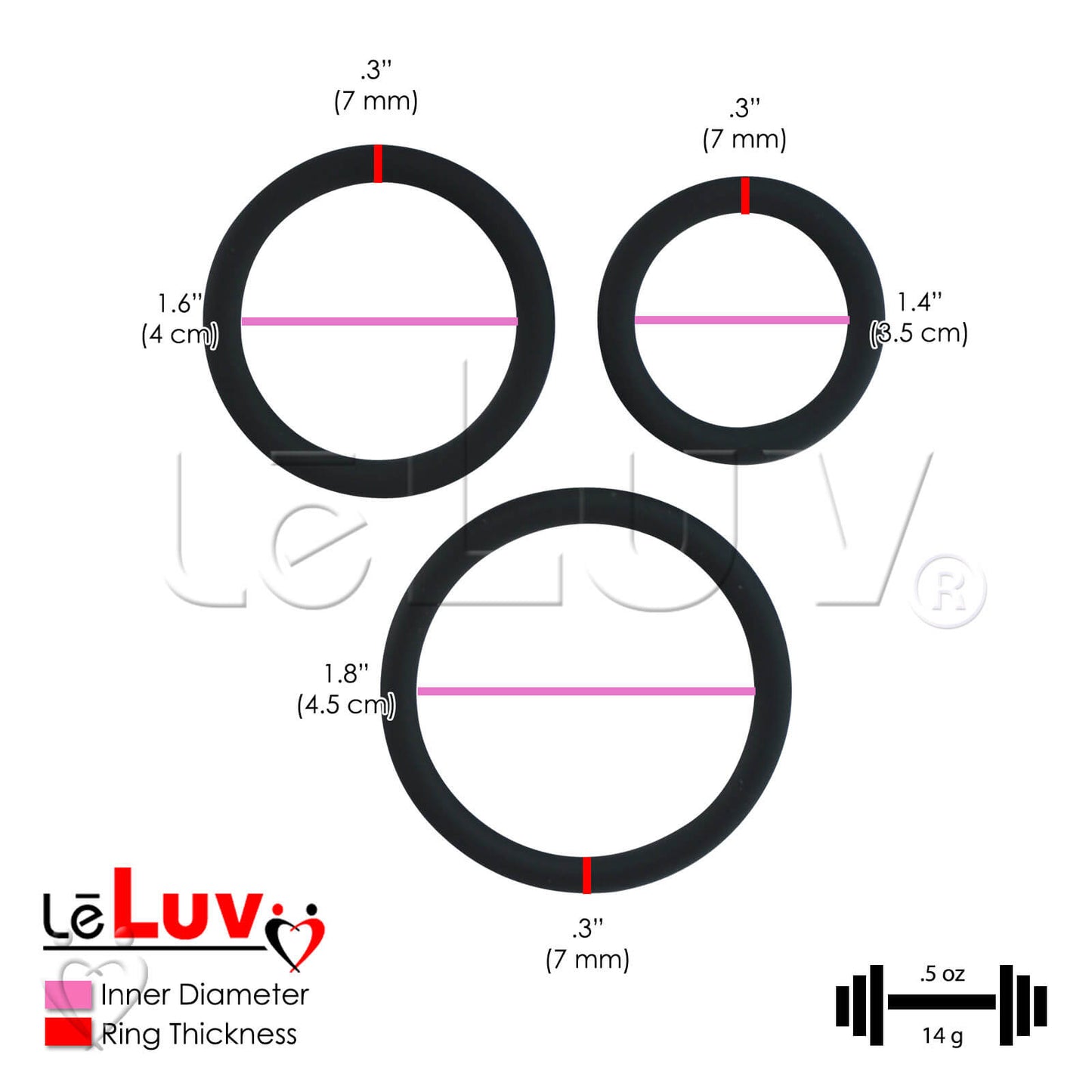 LeLuv Flat Inside Cock Ring 3-Pack - 36mm (1.4"), 41mm (1.6") and 45mm (1.8")