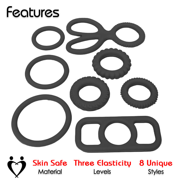 LeLuv® 8 Baller Stretch Silicone Performance Ring System – 8 Shapes, 3 Elasticity Levels (10A/15A/20A), Medical-Grade Non-Sticky Silicone, Multi-Fit Support, Discreet Packaging