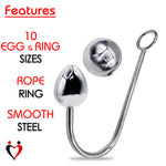 LeLuv Eyro Stainless Steel Anal Hook with Rope Ring - Choose 25-70mm Ball or Egg Fitting
