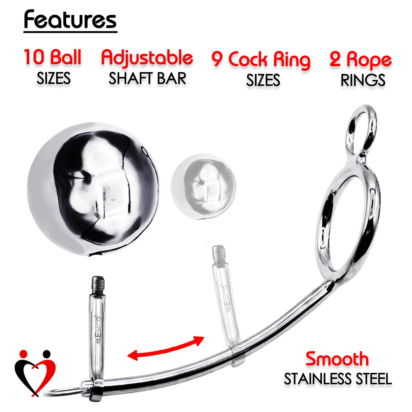 LeLuv Eyro Stainless Steel Adjustable Tailgater - Choose 32mm-64mm Cock Ring and Optional Anal Fitting - 25mm-70mm Steel Ball 