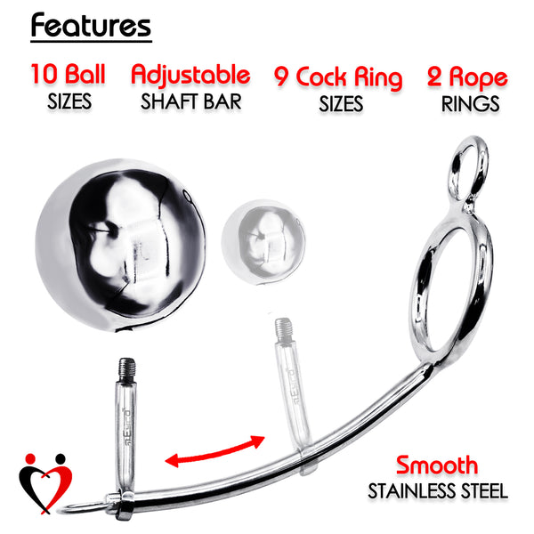 LeLuv Eyro Stainless Steel Adjustable Tailgater - Choose 32mm-64mm Cock Ring and Optional Anal Fitting - 25mm-70mm Steel Ball 