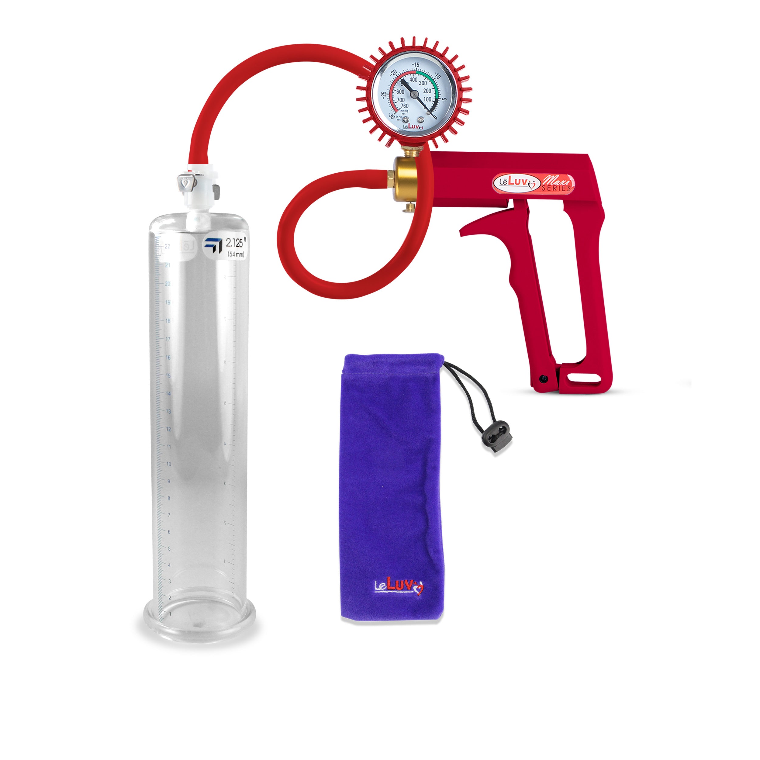 LeLuv Maxi vacuum pump for men with purple handle and blue storage bag.