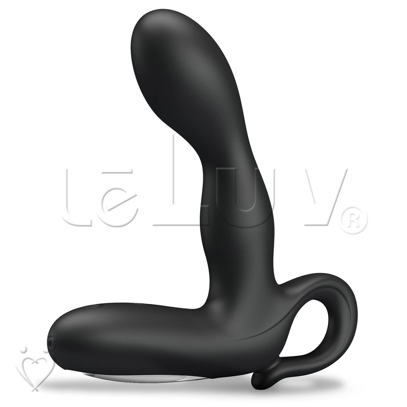 Smooth black prostate massager with looped back handle.