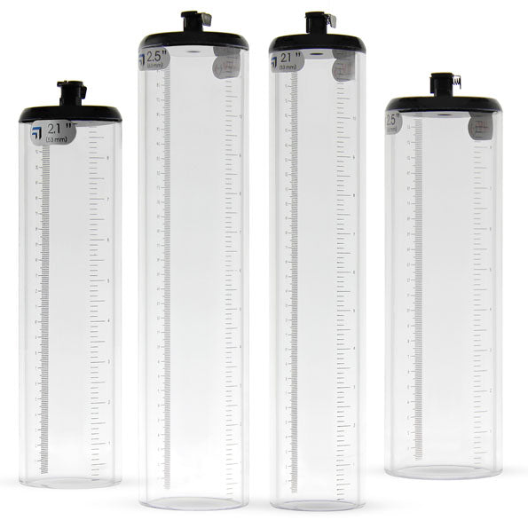 Clear penis pump cylinders with measurement markings and thick acrylic walls