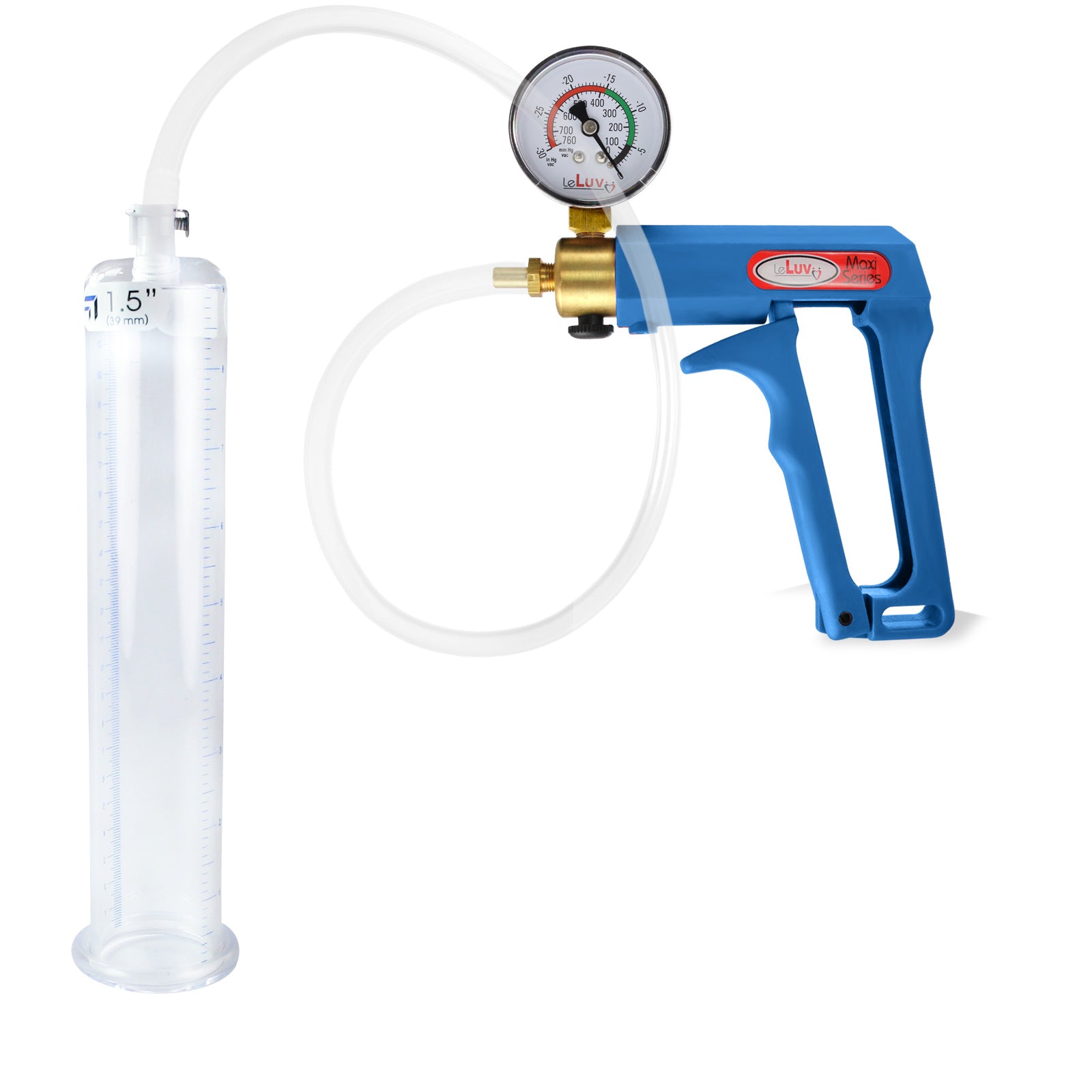 Maxi Blue Handle Clear Hose | Penis Pump + Gauge | 9" x 1.50" Cylinder