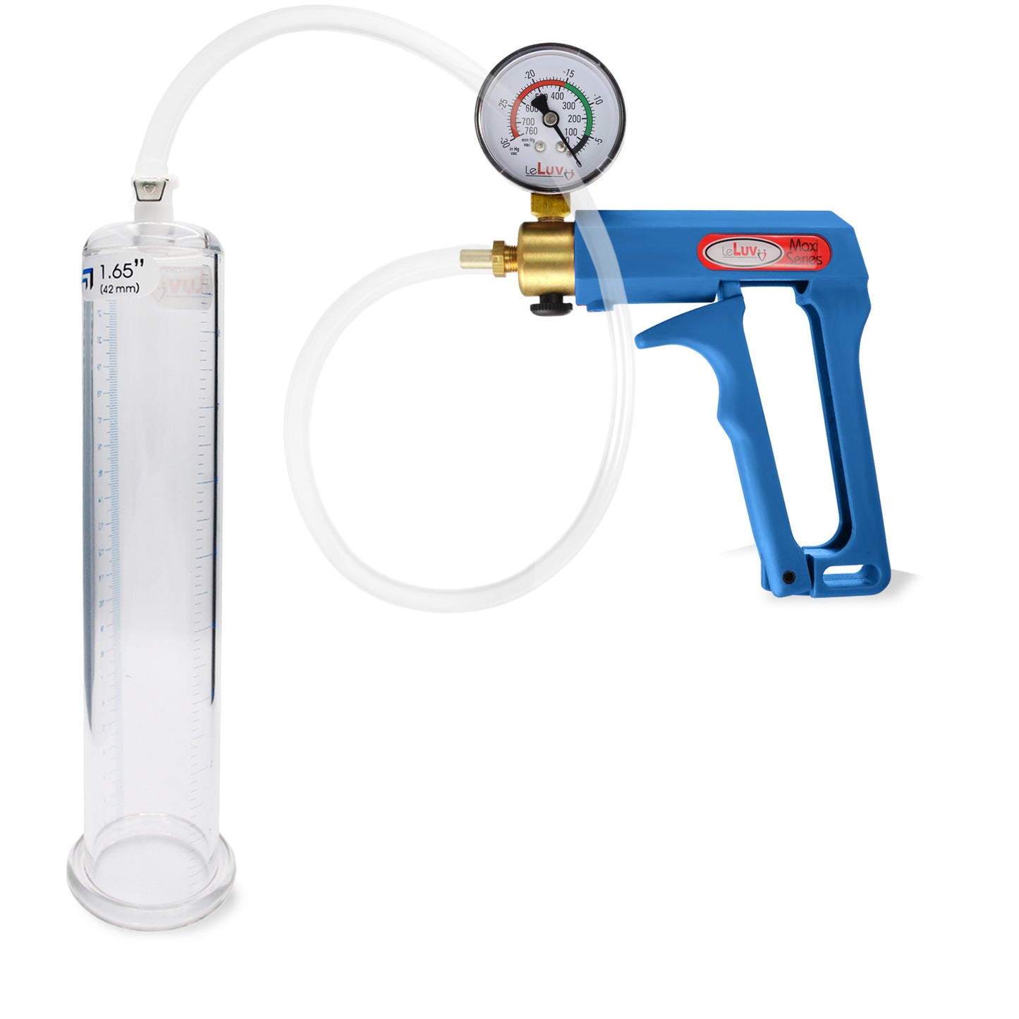 Maxi Blue Handle Clear Hose | Penis Pump + Gauge | 9" x 1.65" Cylinder