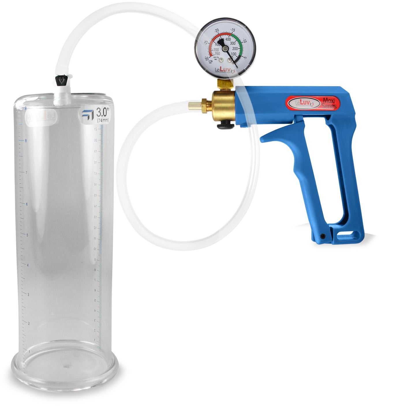 Maxi Blue Handle Clear Hose | Penis Pump + Gauge | 9" x 3.00" Cylinder
