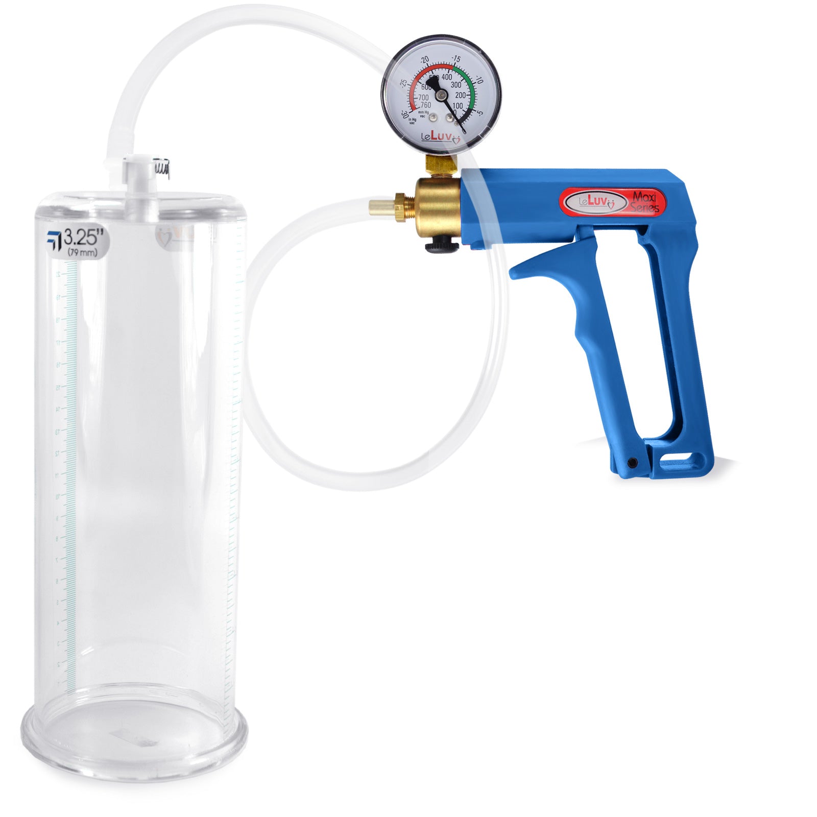 Maxi Blue Handle Clear Hose | Penis Pump + Gauge | 9" x 3.25" Cylinder