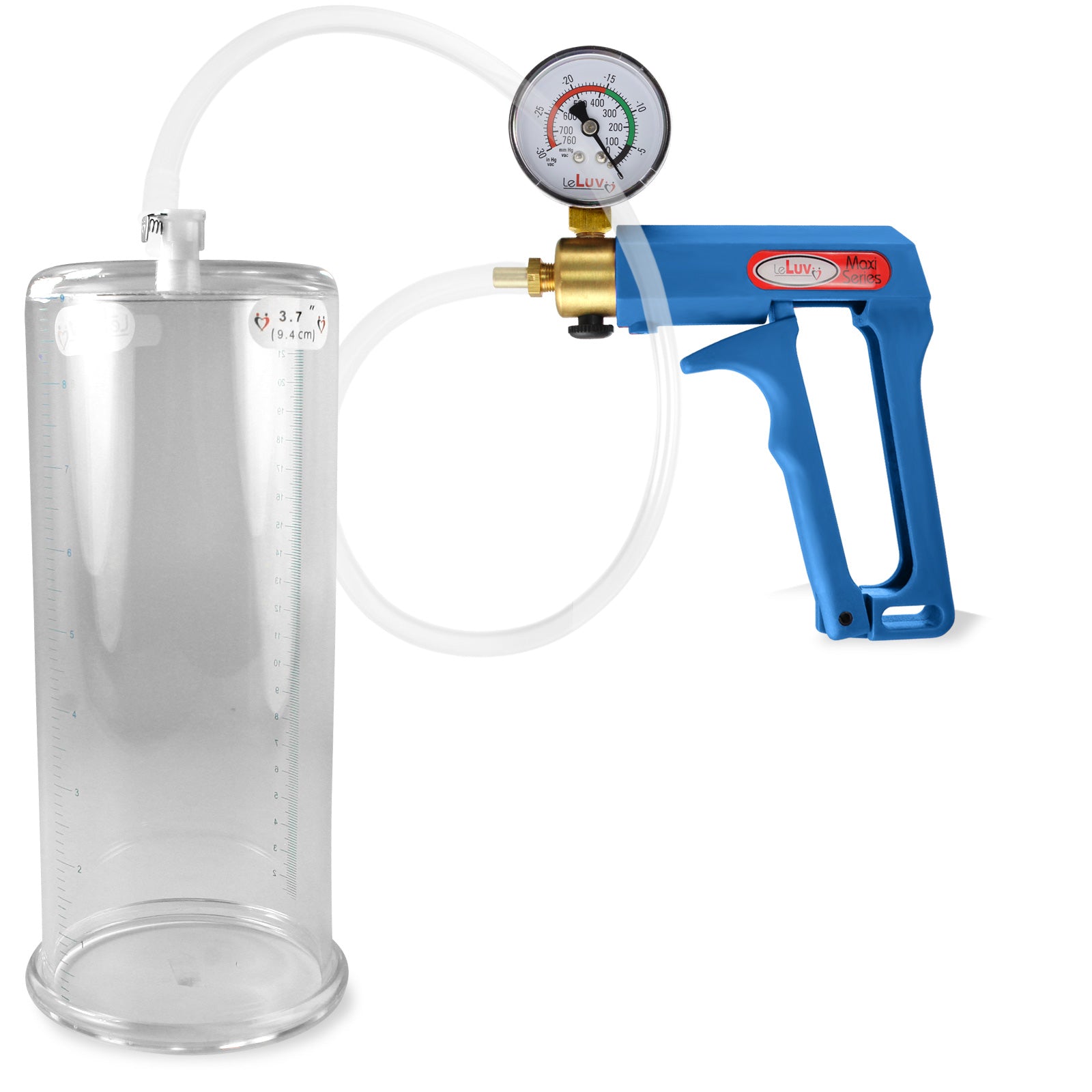 Maxi Blue Handle Clear Hose | Penis Pump + Gauge | 9" x 3.70" Cylinder