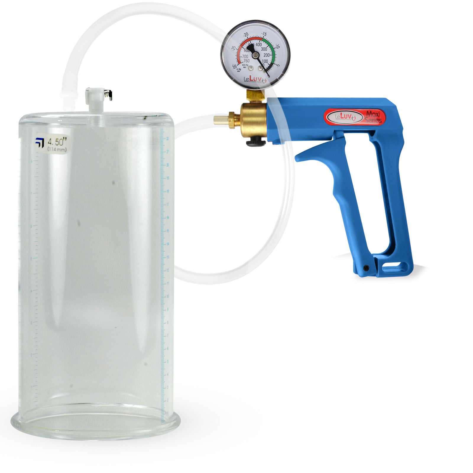 Maxi Blue Handle Clear Hose | Penis Pump + Gauge | 9" x 4.50" Cylinder