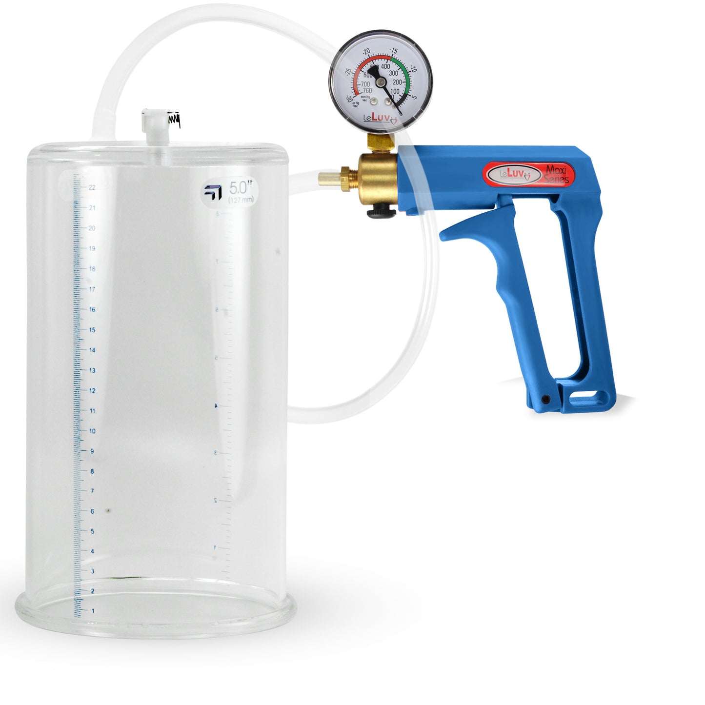 Maxi Blue Handle Clear Hose | Penis Pump + Gauge | 9" x 5.00" Cylinder