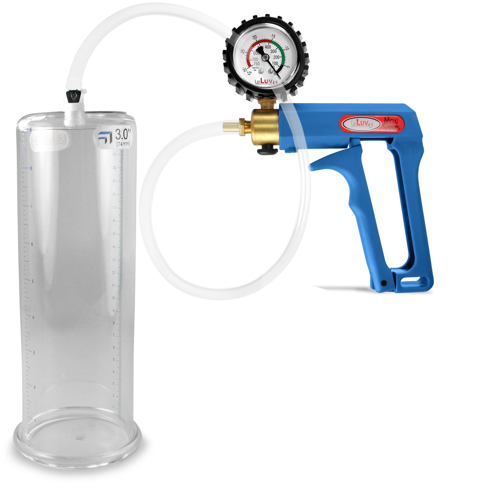 Maxi Blue Handle Clear Hose | Penis Pump + Protected Gauge | 9" x 3.00"
