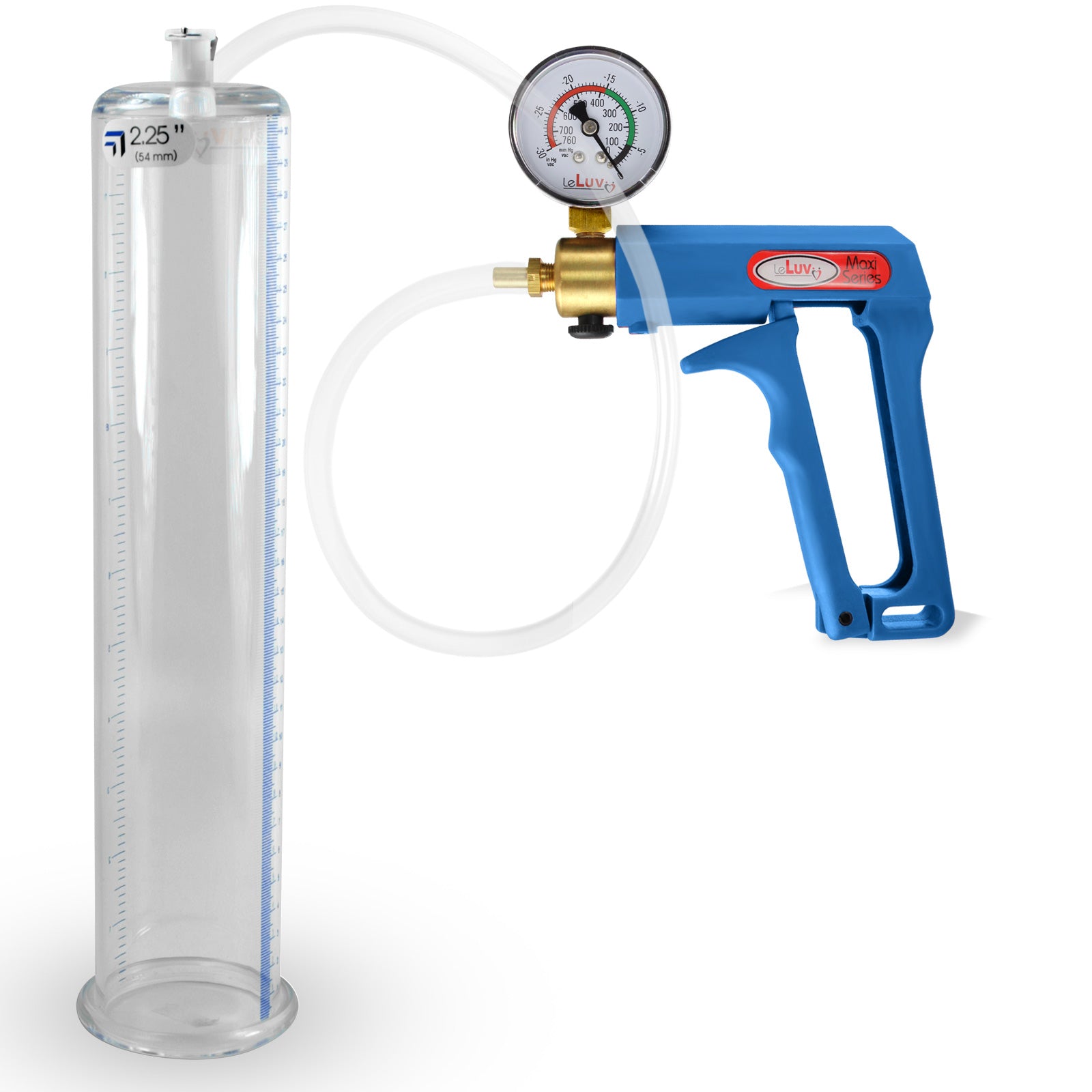 Maxi Blue Handle Clear Hose | Penis Pump + Gauge | 12" x 2.25" Cylinder