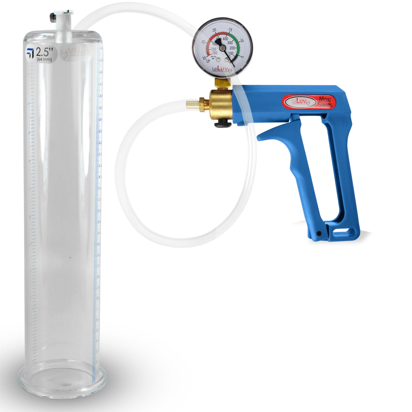 Maxi Blue Handle Clear Hose | Penis Pump + Gauge | 12" x 2.50" Cylinder