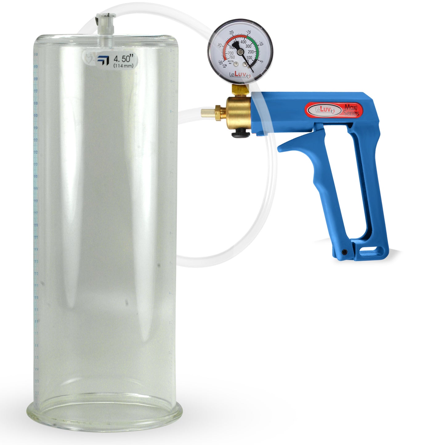 Maxi Blue Handle Clear Hose | Penis Pump + Gauge | 12" x 4.50" Cylinder