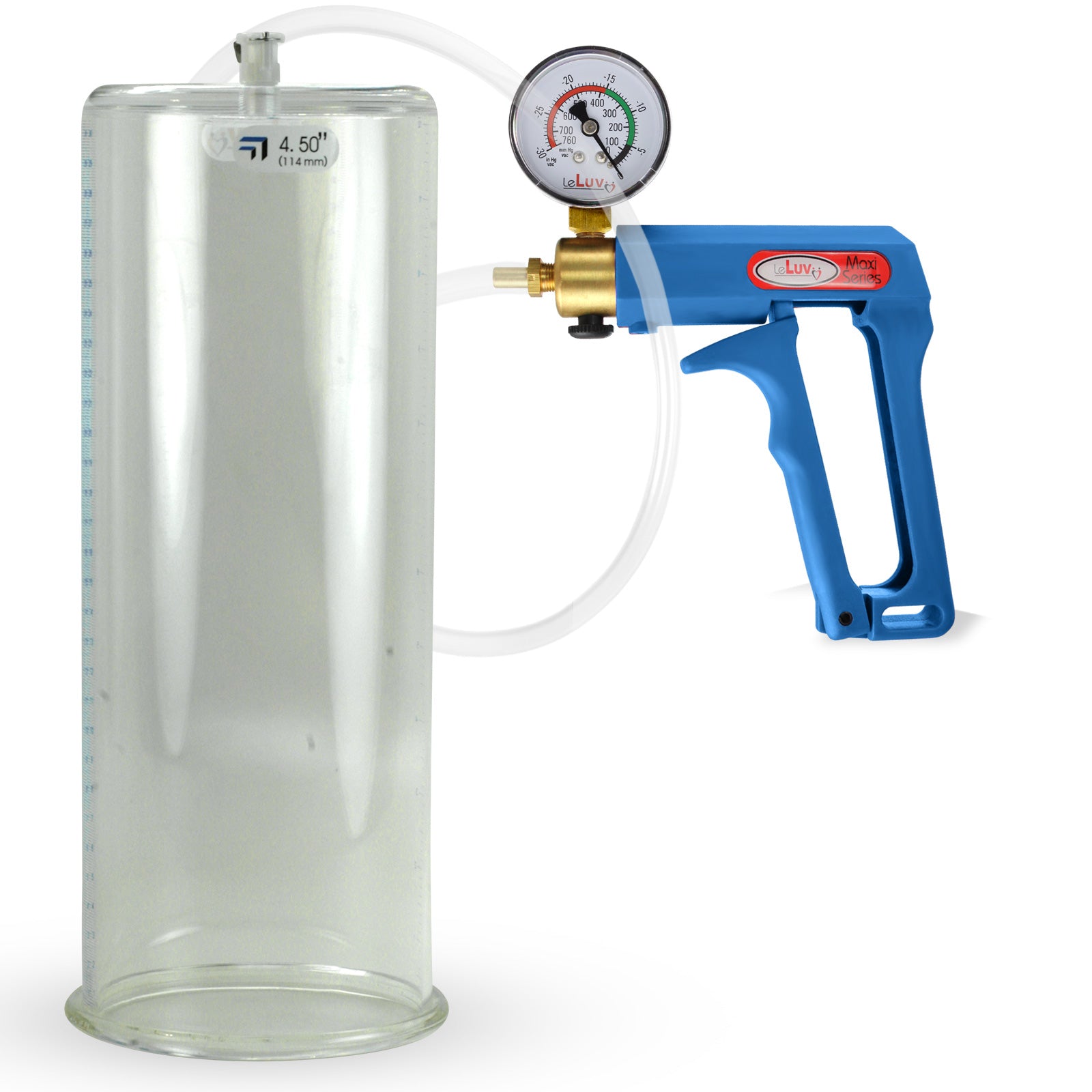 Maxi Blue Handle Clear Hose | Penis Pump + Gauge | 12" x 4.50" Cylinder