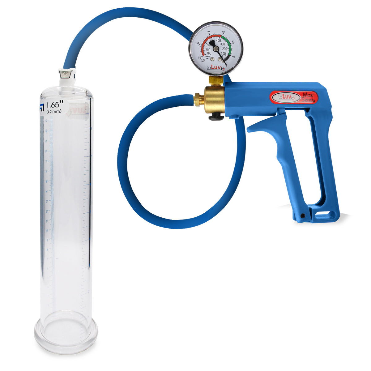 Maxi Blue Handle Silicone Hose | Penis Pump + Gauge | 9" x 1.65" Cylinder