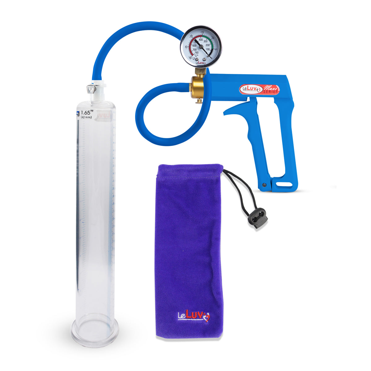Maxi Blue Handle Silicone Hose | Penis Pump + Gauge | 12" x 1.65" Cylinder
