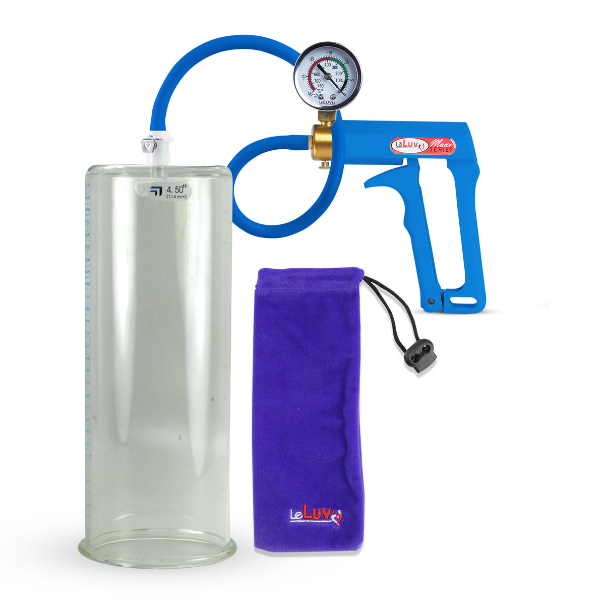 Maxi Blue Handle Silicone Hose | Penis Pump + Gauge | 12" x 4.50" Cylinder