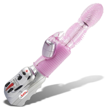 LeLuv 10" Triple Nirvana Rabbit Vibrator Rotating Ribbed Ring Anal Dildo Ocean Pink