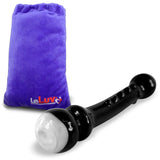 LeLuv Black Glass Dildo Wand with Swirled White Round Handle, Nubby Spine and Pointed Tip