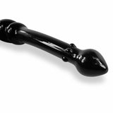 LeLuv Black Glass Dildo Wand with Swirled White Round Handle, Nubby Spine and Pointed Tip