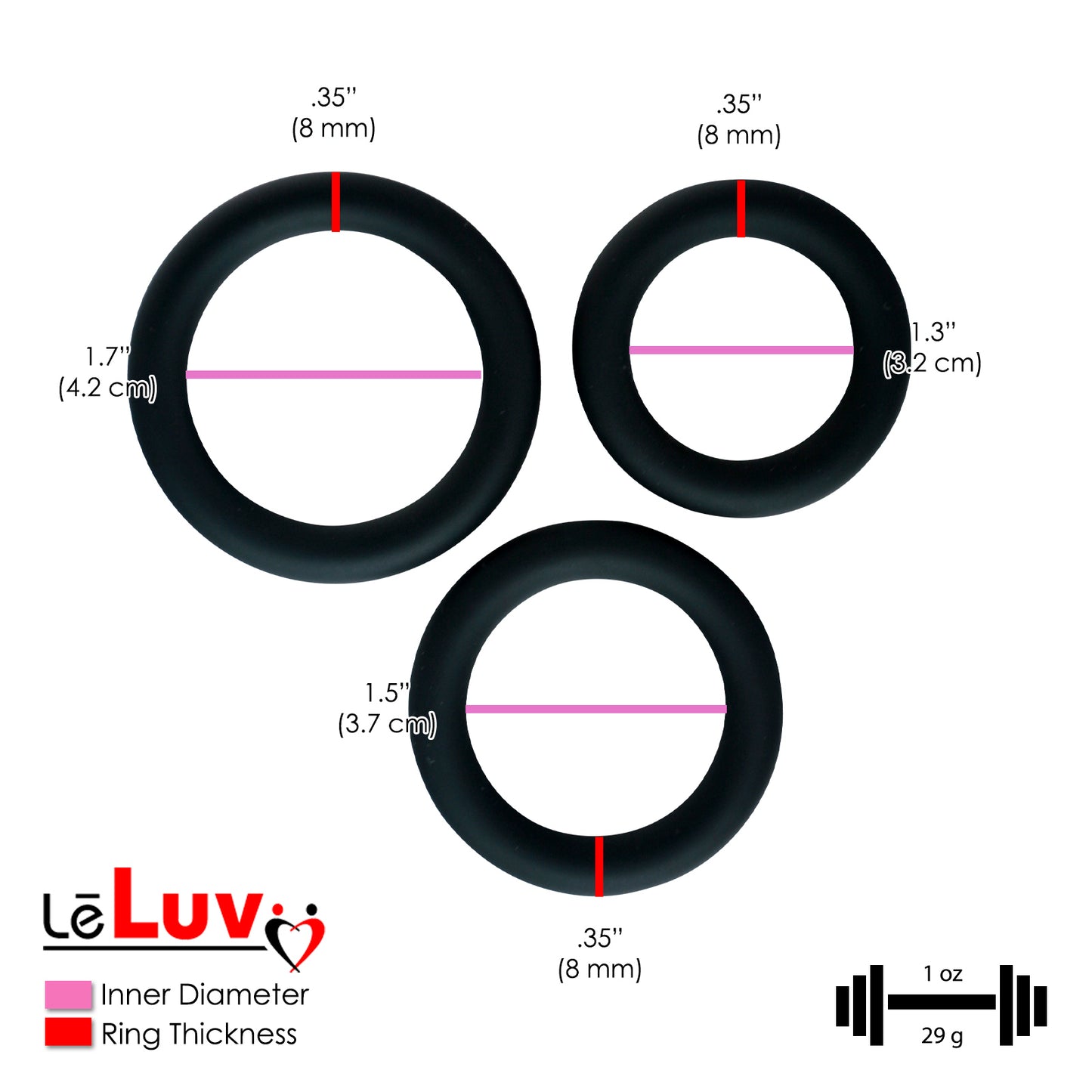 LeLuv Round Smooth Cock Ring 3-Pack - 32mm (1.3"), 37mm (1.5") and 42mm (1,7")