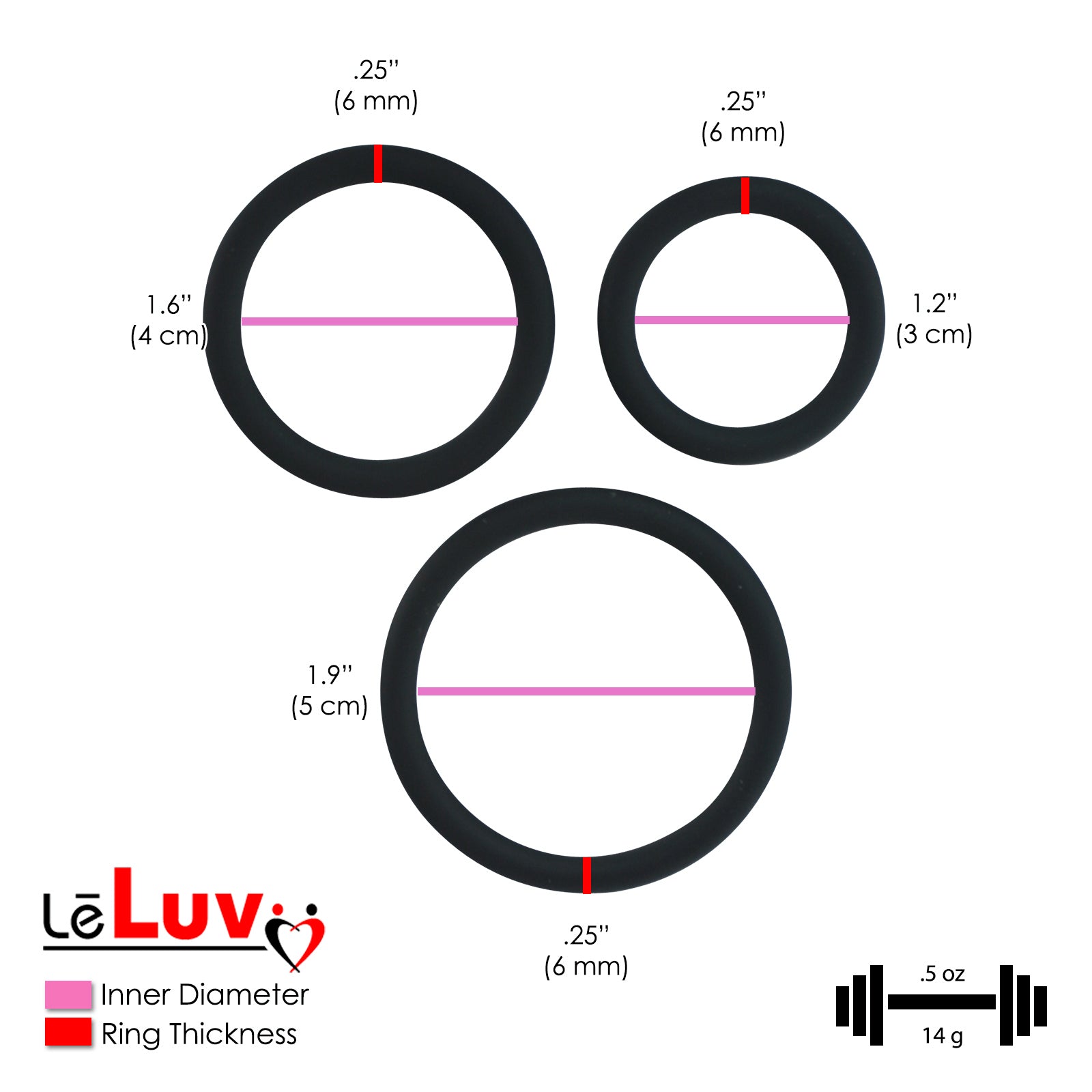 Thin Round Smooth Cock Ring 3-Pack 32mm (1.2"), 40mm (1.6") and 50mm (1.9")