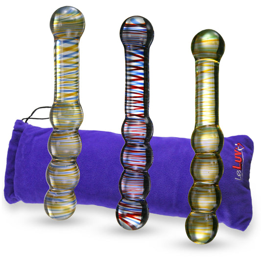 LeLuv Glass 8 Inch Helix Curved Round Beads Double-ended Dildo