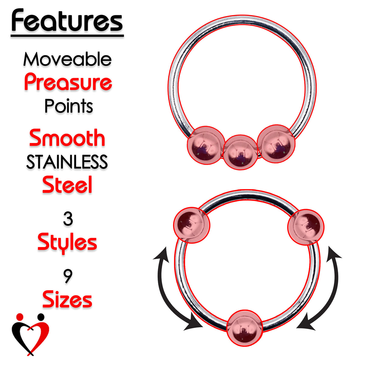 LeLuv Eyro Stainless Steel Penis Glans Rings with Fixed or Adjustable Ball - 9 Sizes for Perfect Fit