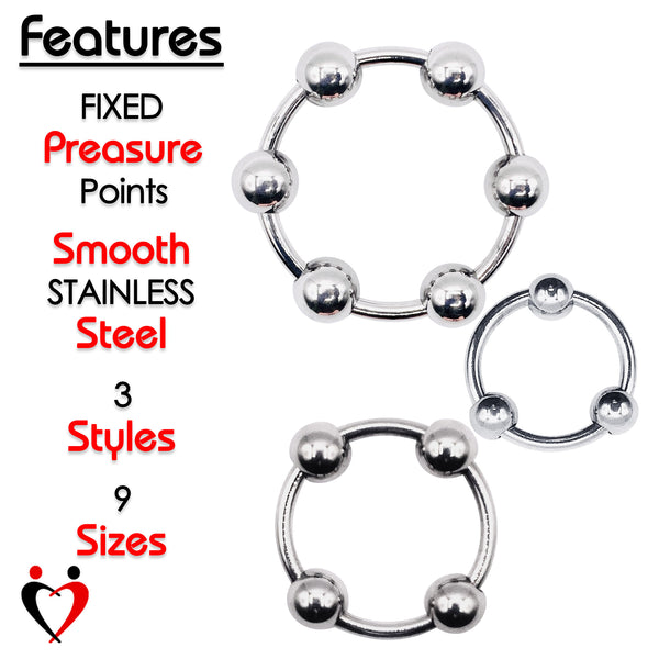 LeLuv Eyro Stainless Steel Penis Glans Rings with Fixed or Adjustable Ball - 9 Sizes for Perfect Fit