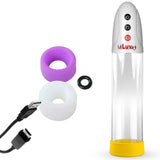 White iPump USB Rechargable Penis Pump 8" Clear Cylinder & C.Ring + 3 Sizes of Sleeve
