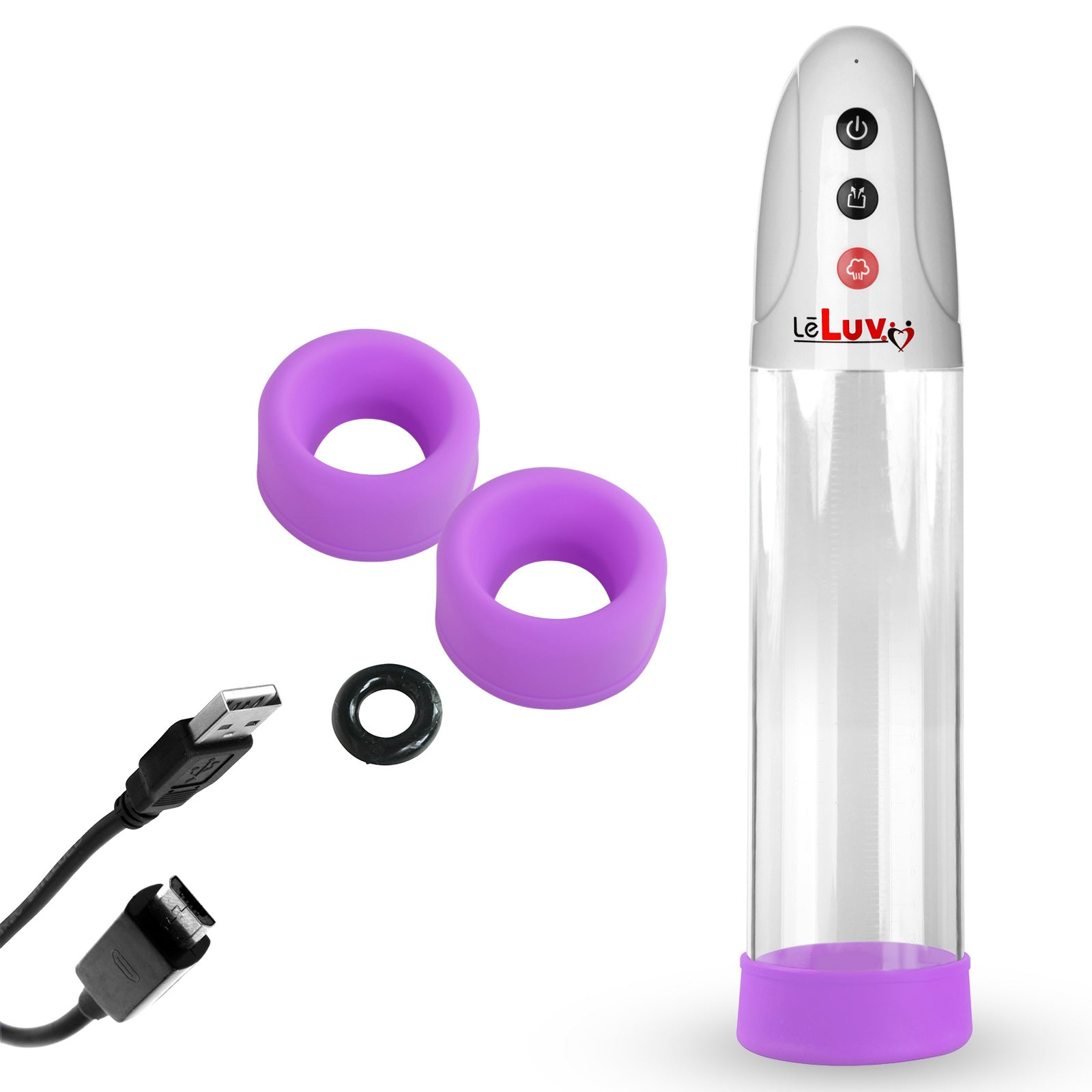 White iPump USB Rechargable Penis Pump 8" Clear Cylinder & C.Ring + 3 Large Sleeves