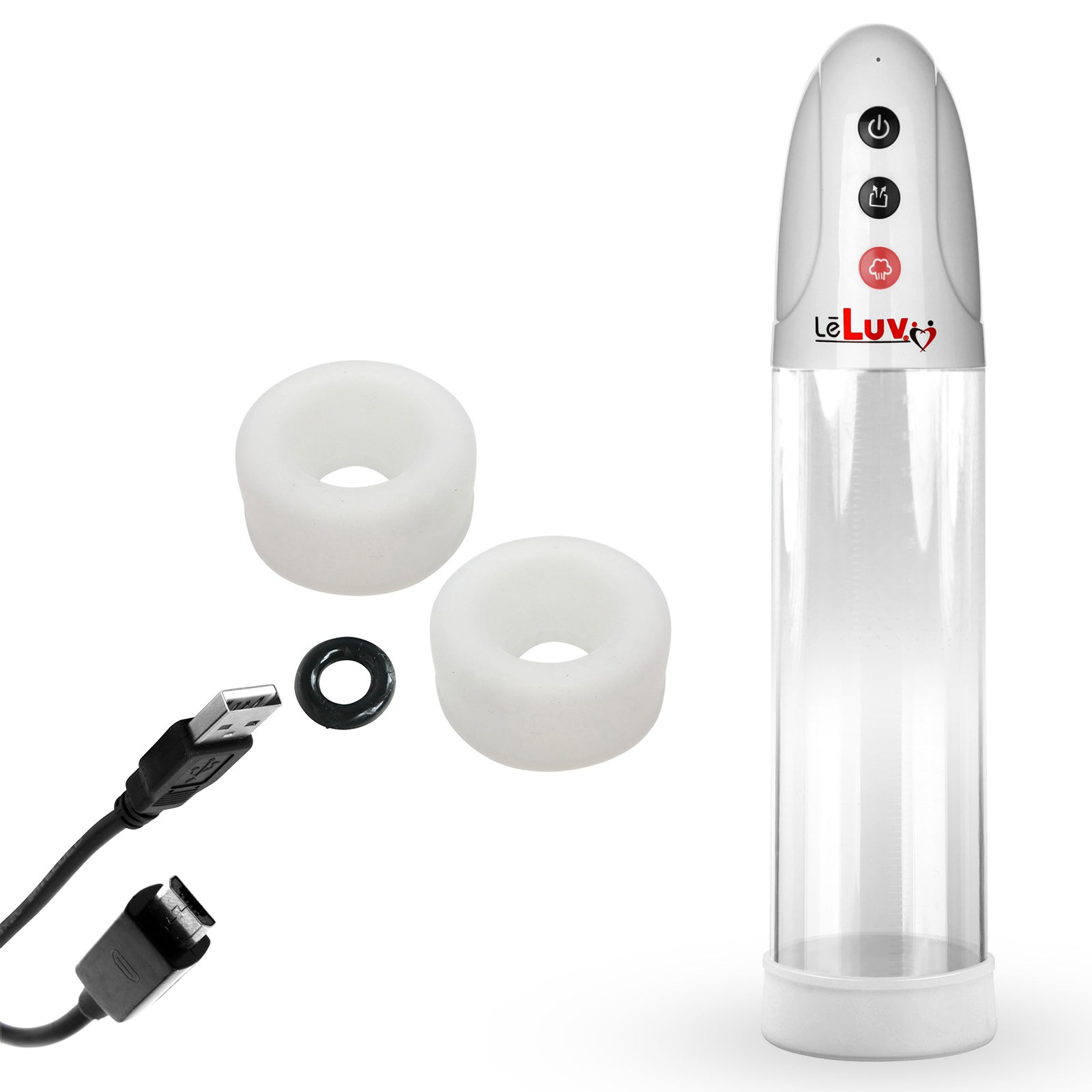 White iPump USB Rechargable Penis Pump 8" Clear Cylinder & C.Ring + 3 Small Sleeves