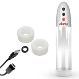 White iPump USB Rechargable Penis Pump 8" Clear Cylinder & C.Ring + 3 Small Sleeves