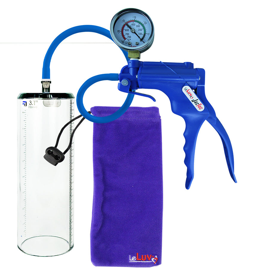 Jacvac Penis Pump | Blue NPT Handle + Gauge, Silicone Hose | 9" x 3.1" Thick-Walled Penis Cylinder
