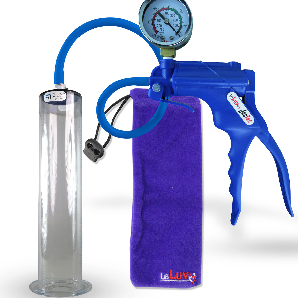 Jacvac Penis Pump | Blue NPT Handle + Gauge, Silicone Hose | 12" x 2.25" Wide Flange Cylinder