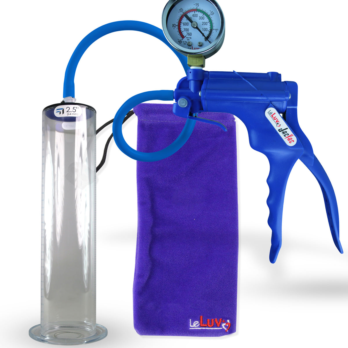 Jacvac Penis Pump | Blue NPT Handle + Gauge, Silicone Hose | 12" x 2.50" Wide Flange Cylinder