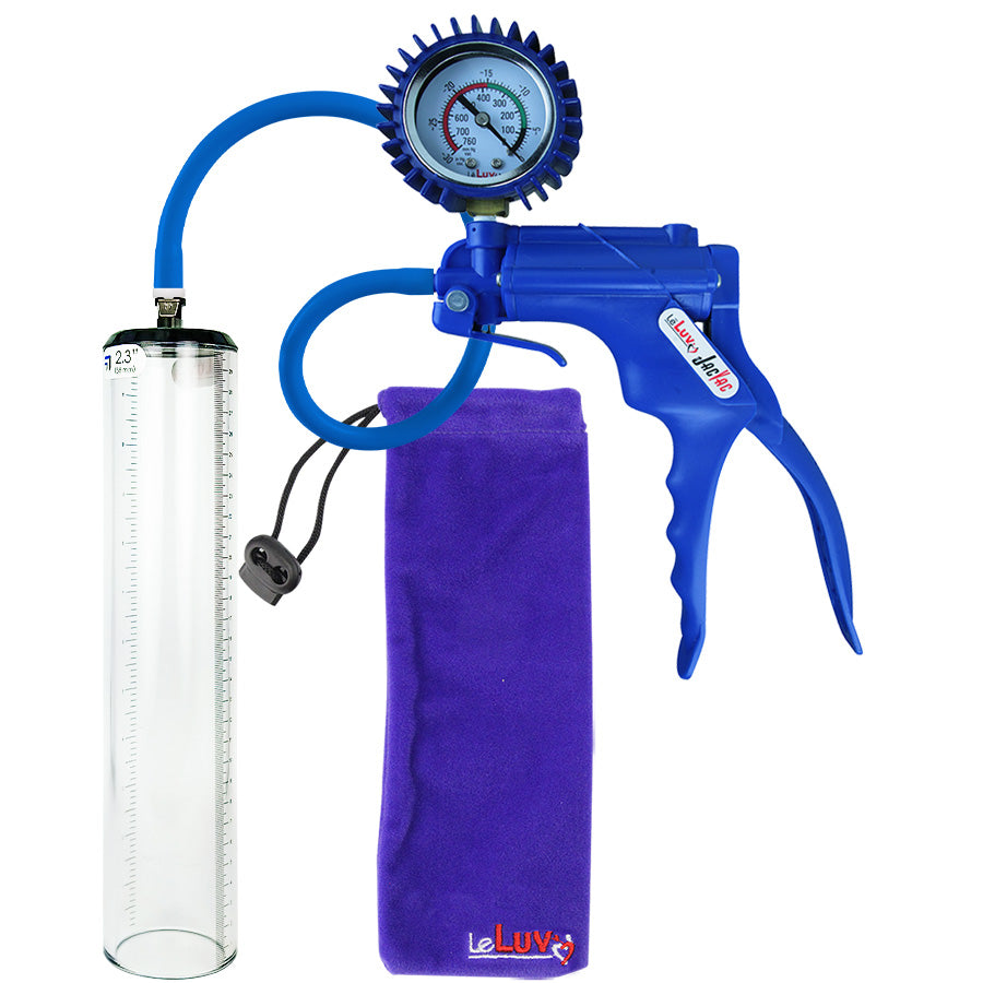 Jacvac Penis Pump | Blue NPT Handle + Protected Gauge, Silicone Hose | 12" x 2.3" Thick-Walled Penis Cylinder